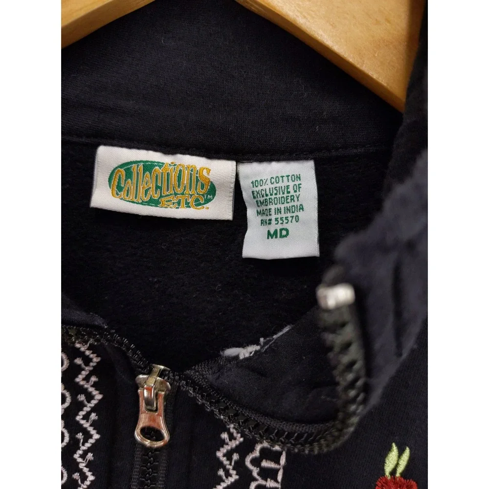 Collections etc‎ Black Embroidered Floral Full Zip Mock Neck Jacket Sz M